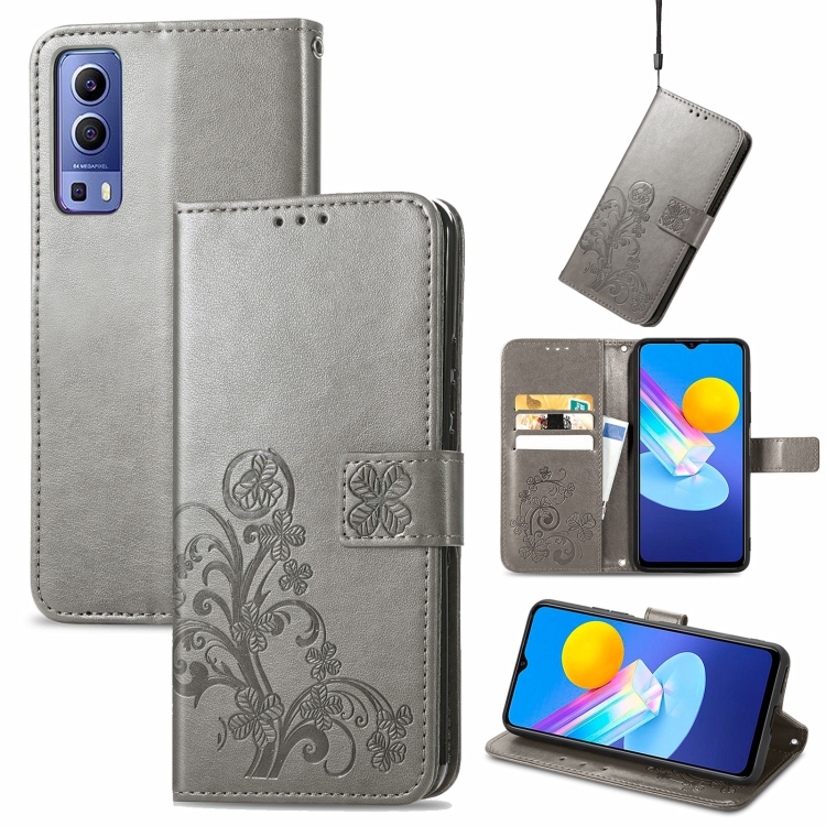 

For vivo Y72 5G Four-leaf Clasp Embossed Leather Case with Lanyard & Card Slot & Wallet & Holder(Grey)