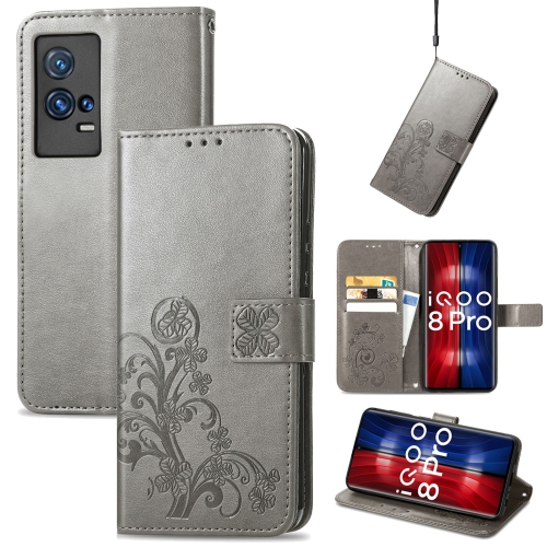 

For vivo IQOO 8 Pro Four-leaf Clasp Embossed Leather Case with Lanyard & Card Slot & Wallet & Holder(Grey)