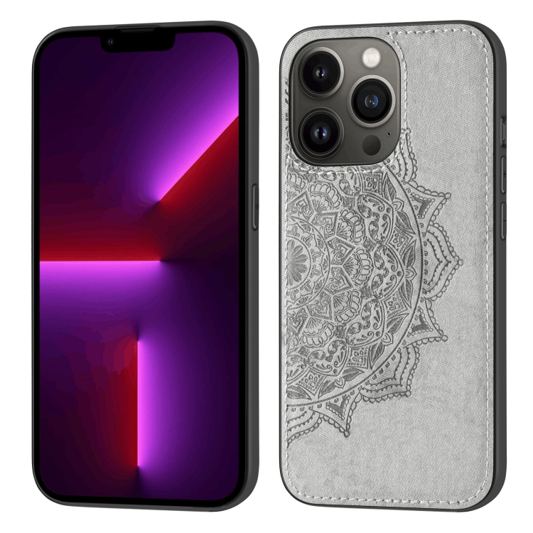 

Mandala Embossed Cloth Cover PC + TPU Case with Magnetic Function and Hand Strap For iPhone 13 Pro(Grey)