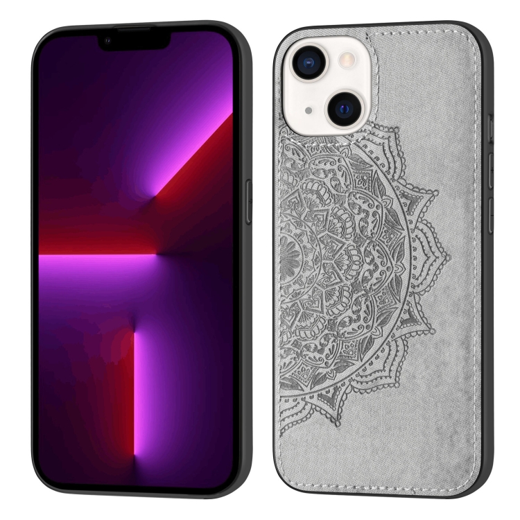 

Mandala Embossed Cloth Cover PC + TPU Case with Magnetic Function and Hand Strap For iPhone 13 mini(Grey)