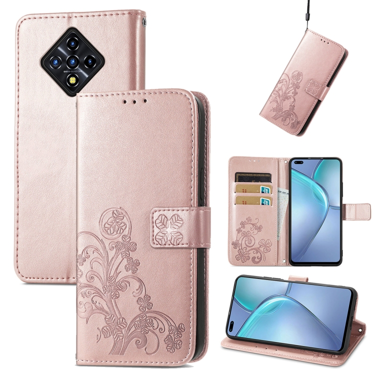 

For Infinix Zero 8 Four-leaf Clasp Embossed Leather Case with Lanyard & Card Slot & Wallet & Holder(Rose Gold)