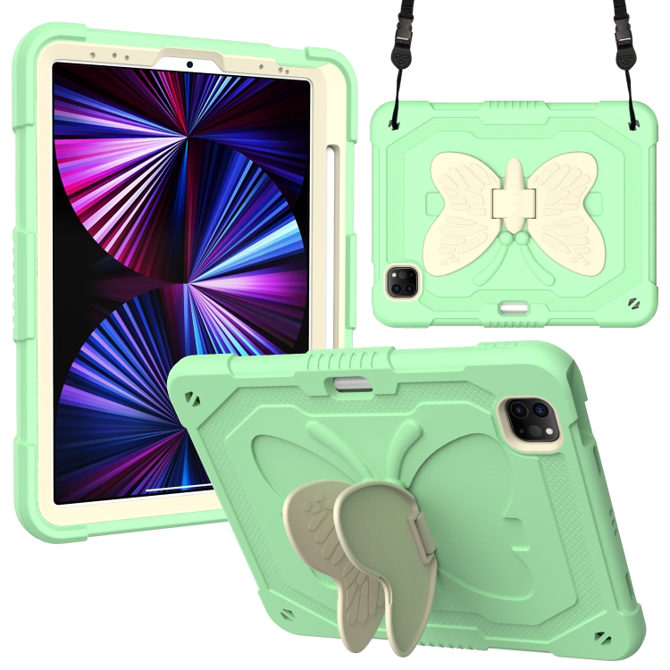 

PC + Silicone Anti-drop Tablet Case with Butterfly Holder & Pen Slot for iPad Pro 11 2018 & 2020 & 2021 & Air 2020 10.9(Gream+Fresh Green)