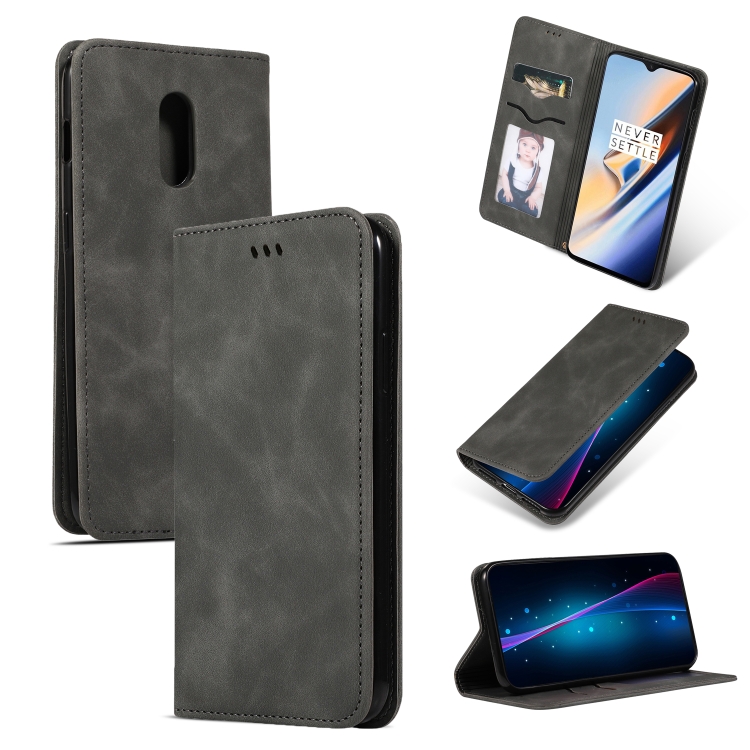 

Retro Skin Feel Business Magnetic Horizontal Flip Leather Case for OnePlus 6T(Dark Gray)