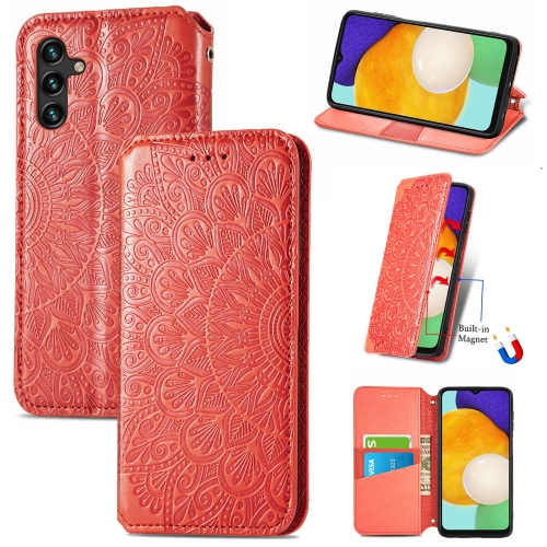 

For Samsung Galaxly A13 5G Blooming Mandala Embossed Magnetic Horizontal Flip Leather Case with Holder & Card Slots & Wallet(Red)