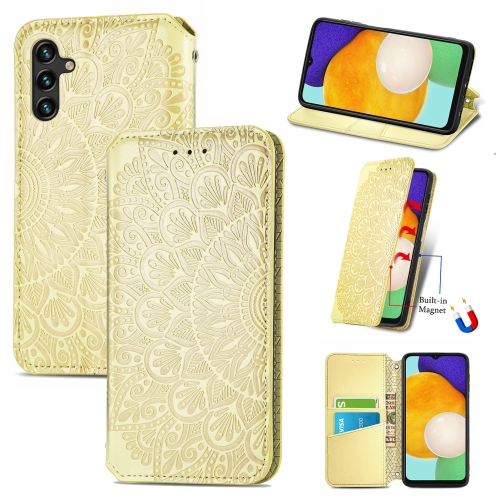 

For Samsung Galaxly A13 5G Blooming Mandala Embossed Magnetic Horizontal Flip Leather Case with Holder & Card Slots & Wallet(Yellow)