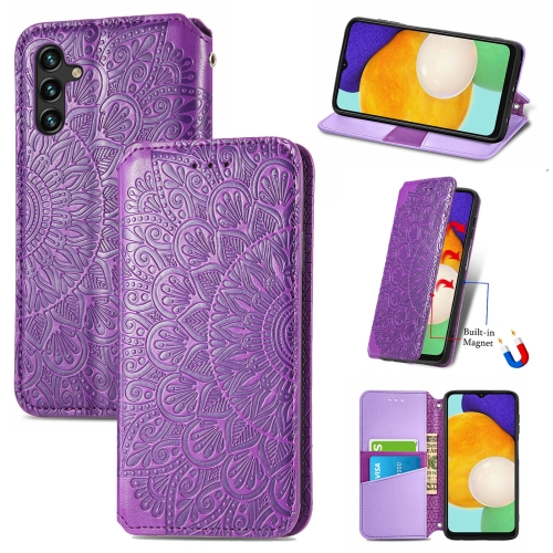 

For Samsung Galaxly A13 5G Blooming Mandala Embossed Magnetic Horizontal Flip Leather Case with Holder & Card Slots & Wallet(Purple)
