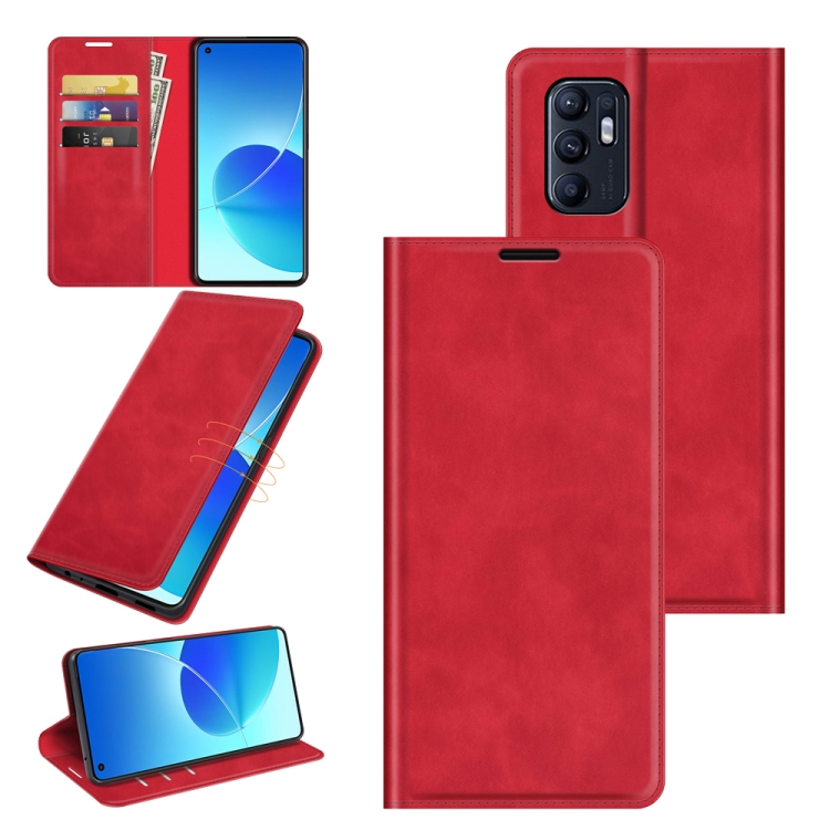 

Retro-skin Magnetic Suction Leather Phone Case For OPPO Reno6 4G(Red)