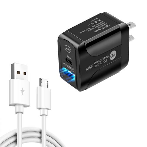 

PD25W USB-C / Type-C + QC3.0 Dual Ports Fast Charger with USB to Micro USB Data Cable, US Plug(Black)