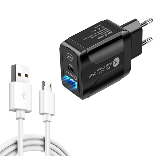 

PD25W USB-C / Type-C + QC3.0 USB Dual Ports Fast Charger with USB to Micro USB Data Cable, EU Plug(Black)