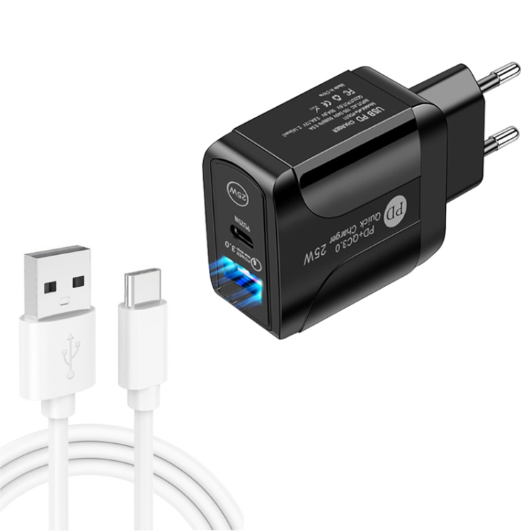 

PD25W USB-C / Type-C + QC3.0 USB Dual Ports Fast Charger with USB to Type-C Data Cable, EU Plug(Black)