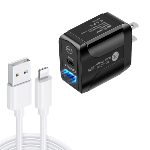 

PD25W USB-C / Type-C + QC3.0 USB Dual Ports Fast Charger with USB to 8 Pin Data Cable, US Plug(Black)