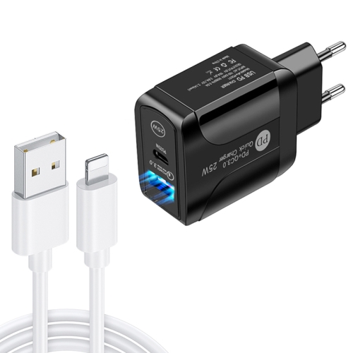 

PD25W USB-C / Type-C + QC3.0 USB Dual Ports Fast Charger with USB to 8 Pin Data Cable, EU Plug(Black)
