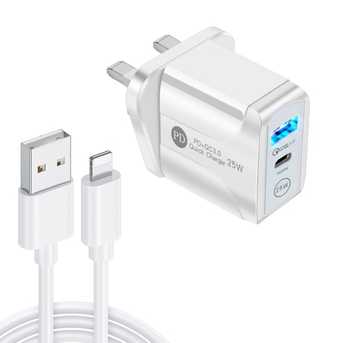 

PD25W USB-C / Type-C + QC3.0 USB Dual Ports Fast Charger with USB to 8 Pin Data Cable, UK Plug(White)