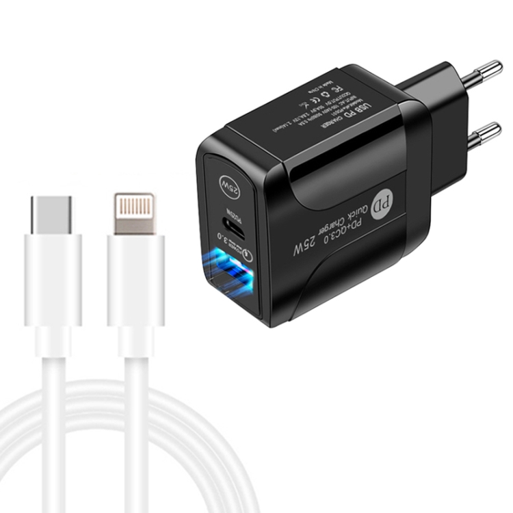 

PD25W USB-C / Type-C + QC3.0 USB Dual Ports Fast Charger with USB-C to 8 Pin Data Cable, EU Plug(Black)