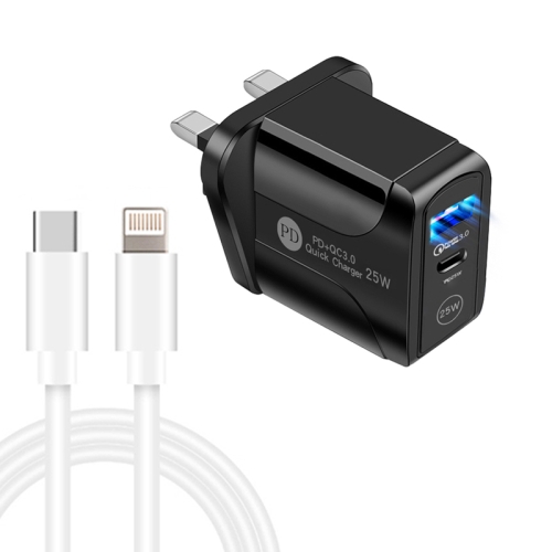 

PD25W USB-C / Type-C + QC3.0 USB Dual Ports Fast Charger with USB-C to 8 Pin Data Cable, UK Plug(Black)