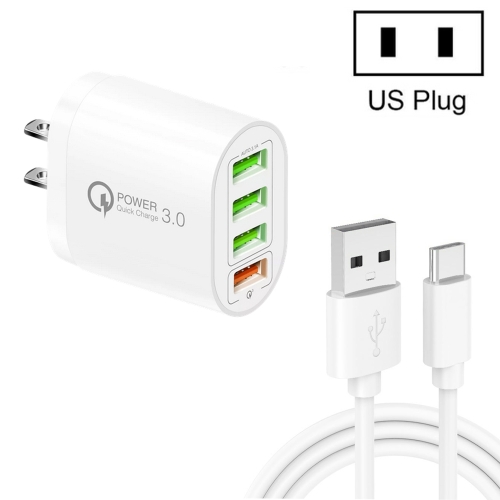 

QC-04 QC3.0 + 3 x USB2.0 Multi-ports Charger with 3A USB to Type-C Data Cable, US Plug(White)