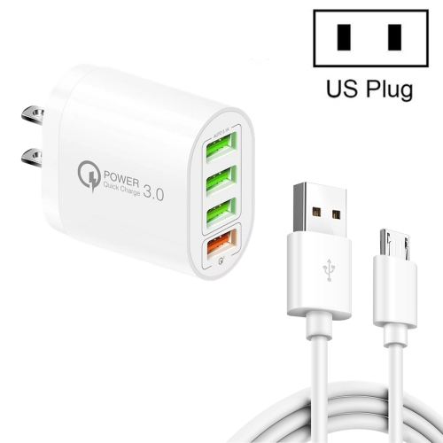 

QC-04 QC3.0 + 3 x USB2.0 Multi-ports Charger with 3A USB to Micro USB Data Cable, US Plug(White)