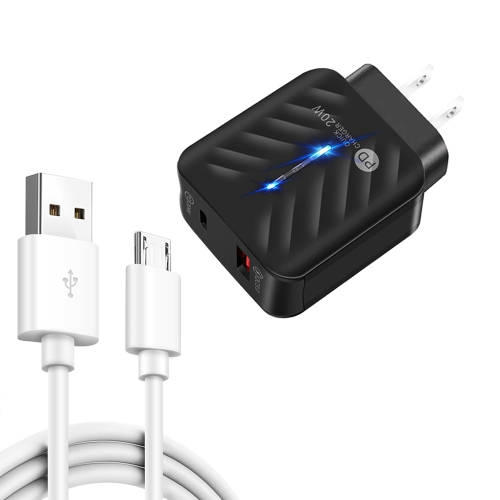 

PD03 20W PD3.0 + QC3.0 USB Charger with USB to Micro USB Data Cable, US Plug(Black)