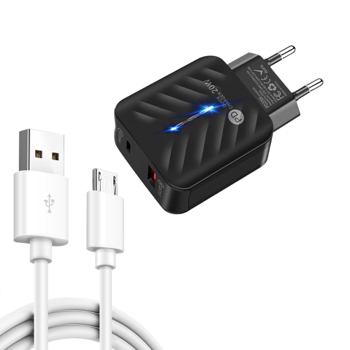 

PD03 20W PD3.0 + QC3.0 USB Charger with USB to Micro USB Data Cable, EU Plug(Black)