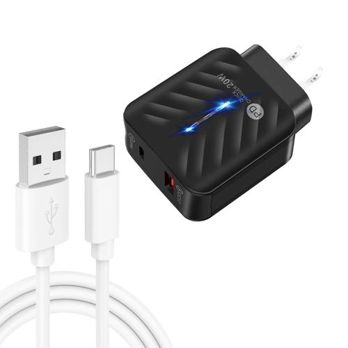 

PD03 20W PD3.0 + QC3.0 USB Charger with USB to Type-C Data Cable, US Plug(Black)