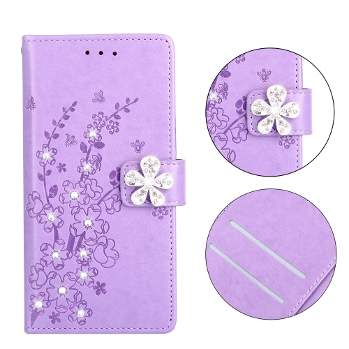 

Plum Blossom Pattern Diamond Encrusted Leather Case for iPhone X , with Holder & Card Slots(Plum purple)