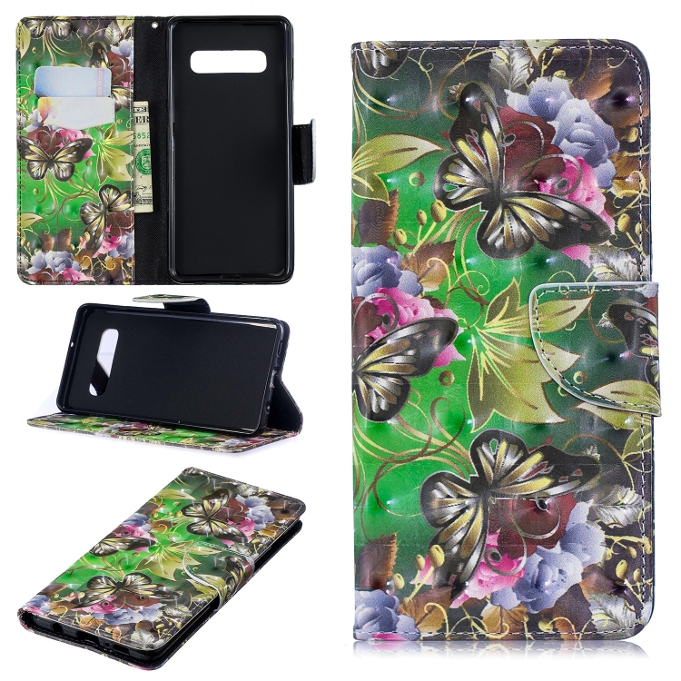 

3D Colored Drawing Pattern Horizontal Flip Leather Case for Galaxy S10 Plus, with Holder & Card Slots & Wallet(Green Butterfly)