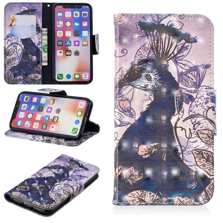 

3D Colored Drawing Pattern Horizontal Flip Leather Case for iPhoneX &Xs , with Holder & Card Slots & Wallet(Peacock)