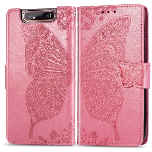 

Butterfly Love Flowers Embossing Horizontal Flip Leather Case for Galaxy A80 / A90, with Holder & Card Slots & Wallet & Lanyard(Pink)