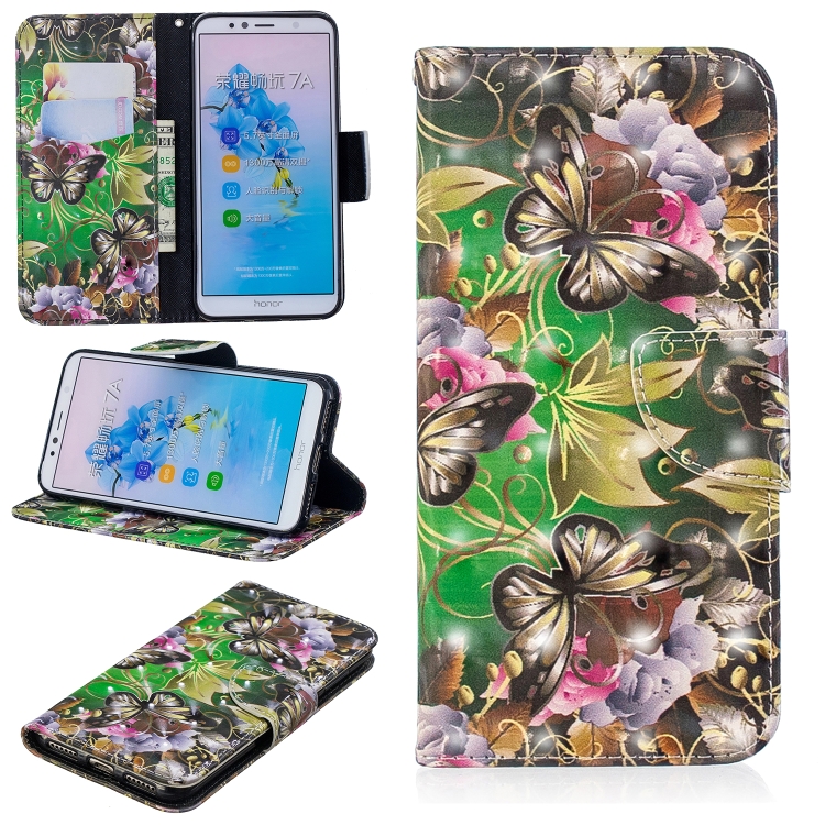 

3D Colored Drawing Pattern Horizontal Flip Leather Case for Huawei Honor 7A&Y6, with Holder & Card Slots & Wallet(Green Butterfly)