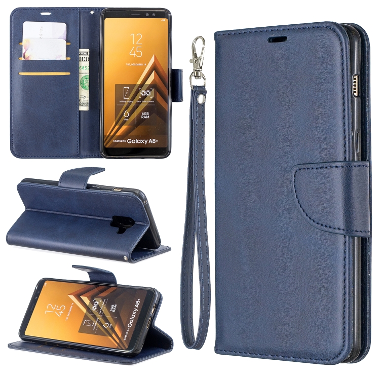 

Retro Lambskin Texture Pure Color Horizontal Flip PU Leather Case for Galaxy A8 Plus 2018, with Holder & Card Slots & Wallet & Lanyard(Blue)