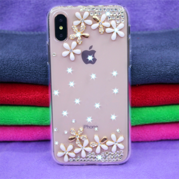 

Fevelove Diamond Encrusted Christmas Santa Claus Pattern TPU Protective Case Back Cover for iPhone X(The small white flowers)