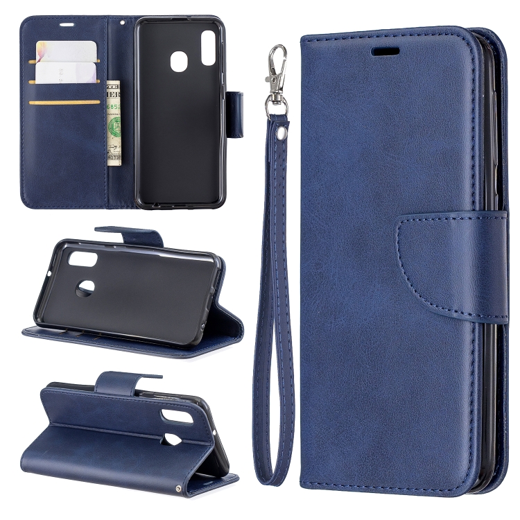

Retro Lambskin Texture Pure Color Horizontal Flip PU Leather Case for Galaxy A20E, with Holder & Card Slots & Wallet & Lanyard(Blue)