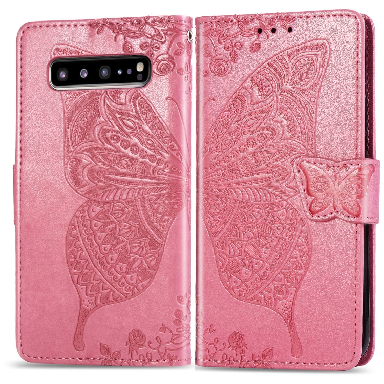 

Butterfly Love Flowers Embossing Horizontal Flip Leather Case For Galaxy S10 5G with Holder & Card Slots & Wallet & Lanyard(Pink)
