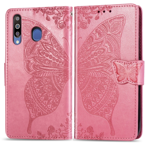

Butterfly Love Flowers Embossing Horizontal Flip Leather Case For Galaxy M30 with Holder & Card Slots & Wallet & Lanyard(Pink)