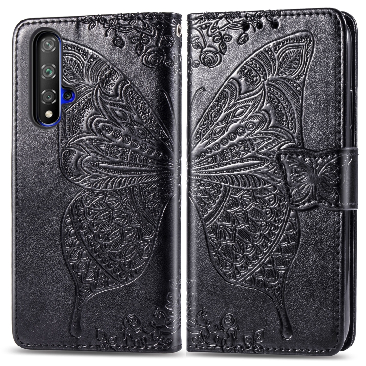 

Butterfly Love Flowers Embossing Horizontal Flip Leather Case For Huawei Honor 20 with Holder & Card Slots & Wallet & Lanyard(Black)