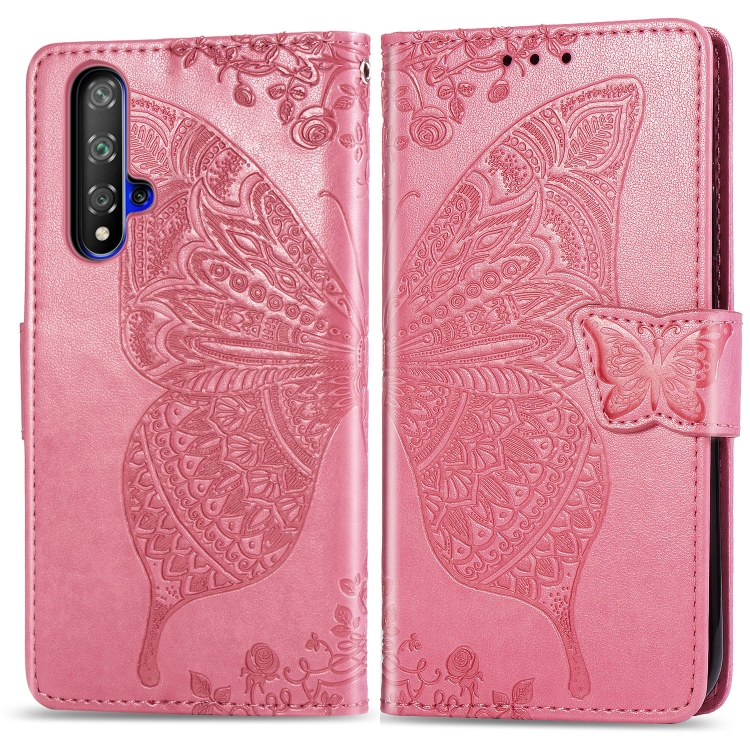

Butterfly Love Flowers Embossing Horizontal Flip Leather Case For Huawei Honor 20 with Holder & Card Slots & Wallet & Lanyard(Pink)