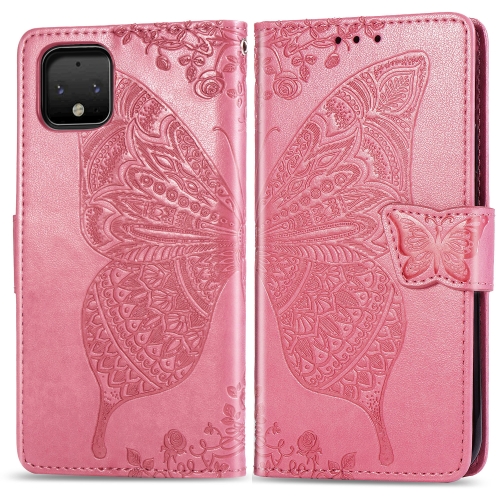 

Butterfly Love Flowers Embossing Horizontal Flip Leather Case For Google Pixel 4 XL with Holder & Card Slots & Wallet & Lanyard(Pink)