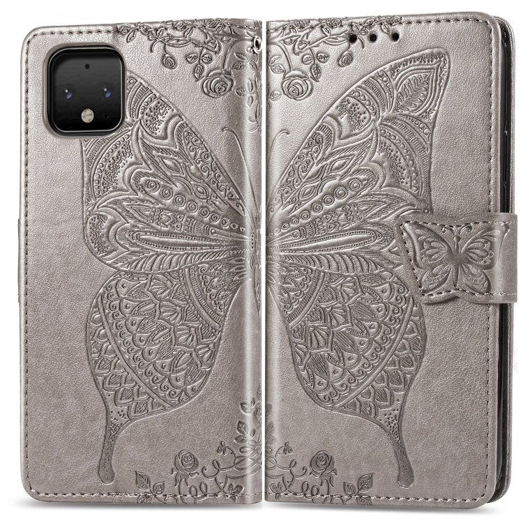 

Butterfly Love Flowers Embossing Horizontal Flip Leather Case For Google Pixel 4 with Holder & Card Slots & Wallet & Lanyard(Gray)