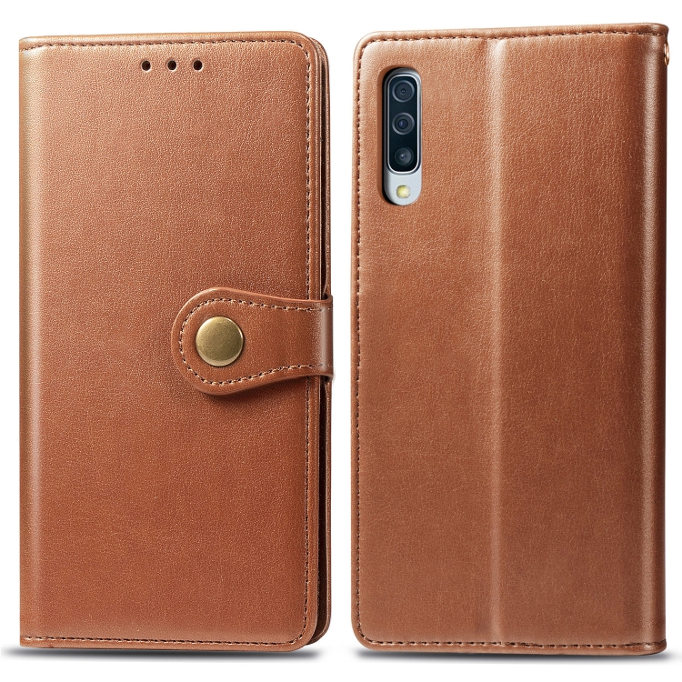 

Retro Solid Color Leather Buckle Mobile Phone Protection Leather Case with Photo Frame & Card Slot & Wallet & Bracket Function for Galaxy A50(Brown)