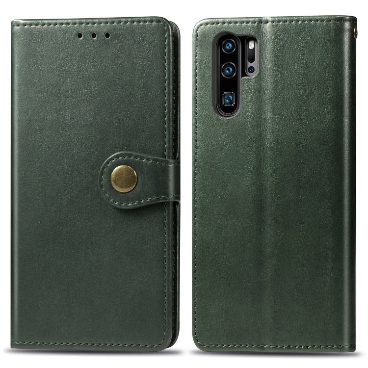

Retro Solid Color Leather Buckle Mobile Phone Protection Leather Case with Photo Frame & Card Slot & Wallet & Bracket Function for Huawei P30 Pro(Green)