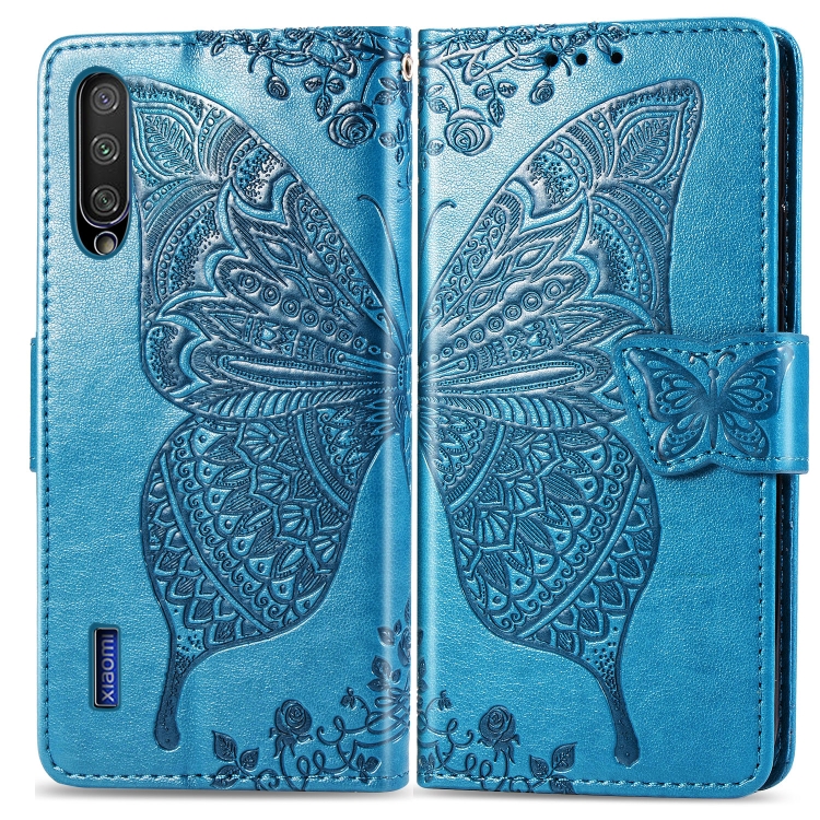 

Butterfly Love Flowers Embossing Horizontal Flip Leather Case For Xiaomi Mi CC9e with Holder & Card Slots & Wallet & Lanyard(Blue)
