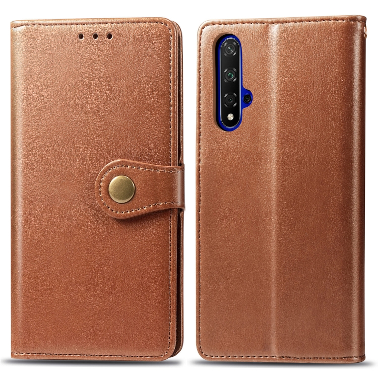 

Retro Solid Color Leather Buckle Mobile Phone Protection Leather Case with Lanyard & Photo Frame & Card Slot & Wallet & Bracket Function for Huawei Honor 20(Brown)