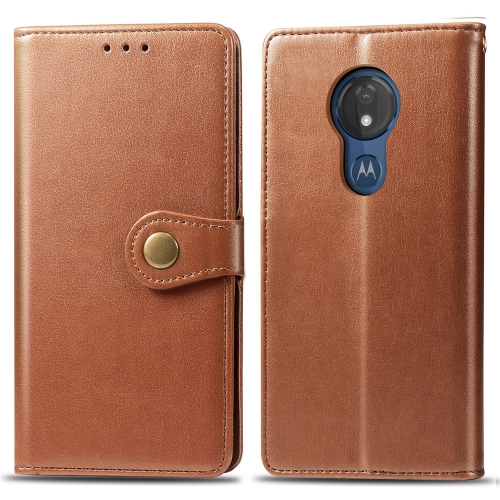 

Retro Solid Color Leather Buckle Mobile Phone Protection Leather Case with Lanyard & Photo Frame & Card Slot & Wallet & Bracket Function for MOTO G7 Power(Brown)