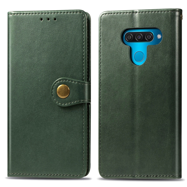 

Retro Solid Color Leather Buckle Mobile Phone Protection Leather Case with Lanyard & Photo Frame & Card Slot & Wallet & Bracket Function for LG Q60(Green)