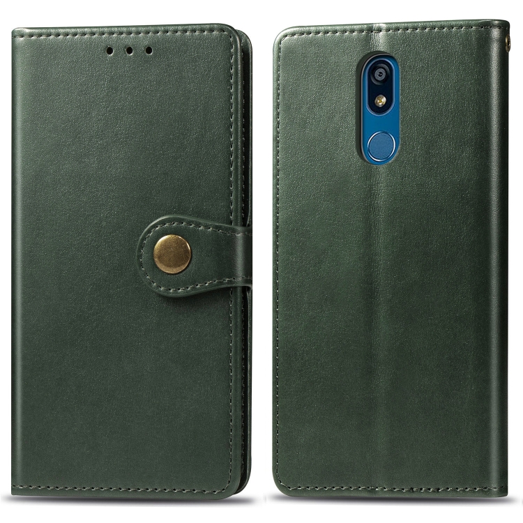 

Retro Solid Color Leather Buckle Mobile Phone Protection Leather Case with Lanyard & Photo Frame & Card Slot & Wallet & Bracket Function for LG K40(Green)
