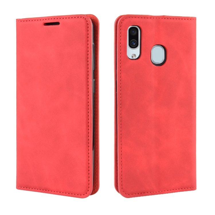 

Retro-skin Business Magnetic Suction Leather Case with Purse-Bracket-Chuck For Galaxy A30(Chinese Red)