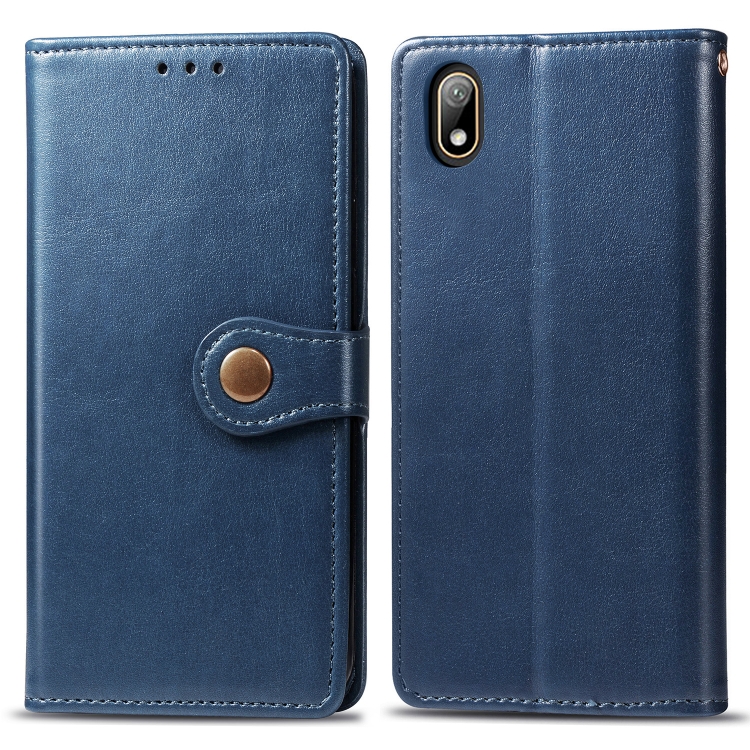 

Retro Solid Color Leather Buckle Mobile Phone Protection Leather Case with Lanyard & Photo Frame & Card Slot & Wallet & Bracket Function for Huawei Y5 2019(Blue)