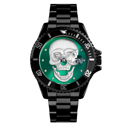 

SKMEI 9195 Fashion Water-inlaid Drill Skull Nightlight Waterproof Quartz Watch Steel Strip Watch for Men(Black Green)