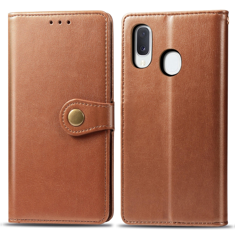 

Retro Solid Color Leather Buckle Mobile Phone Protection Leather Case with Lanyard & Photo Frame & Card Slot & Wallet & Bracket Function for Galaxy A20e(Brown)