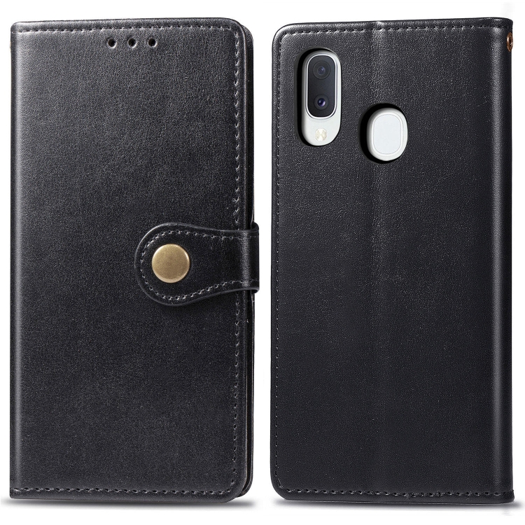

Retro Solid Color Leather Buckle Mobile Phone Protection Leather Case with Lanyard & Photo Frame & Card Slot & Wallet & Bracket Function for Galaxy A20e(Black)